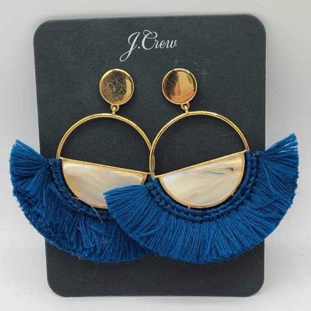 j Crew Large Stone Blue Tassel Circle Earrings NWT
